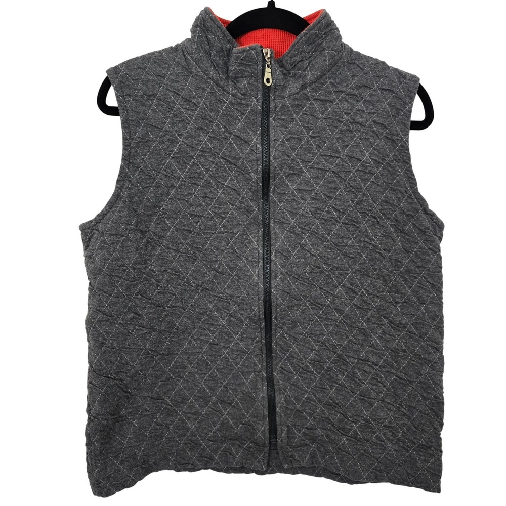Vintage Neiman Marcus Vest Mens L Grey Quilted‎ Zip Up Made in USA Orange Collar